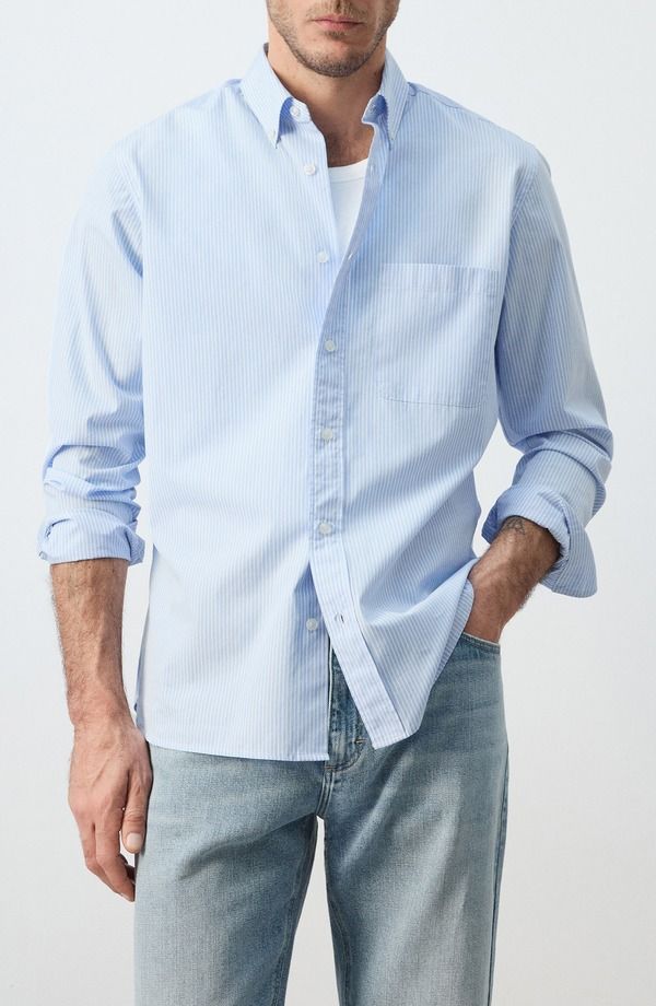 マンゴ メンズ トップス シャツ レギュラーフィット MANGO Regular Fit Stripe ButtonUp Shirt Sky Blue ブルー
