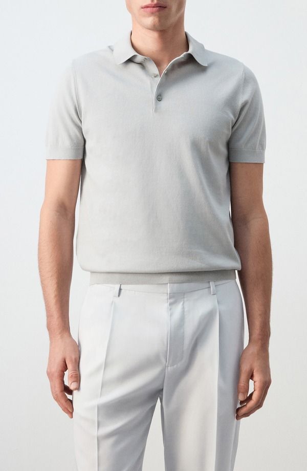 マンゴ メンズ トップス ポロシャツ コットン ニット MANGO Fine Knit Cotton Polo Ice Grey グレー