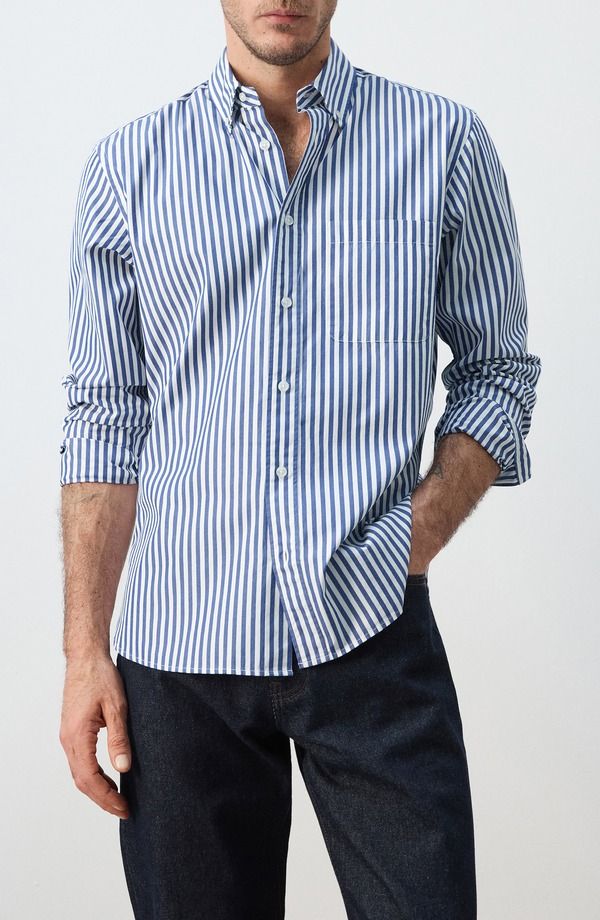 マンゴ メンズ トップス シャツ レギュラーフィット MANGO Regular Fit Stripe ButtonUp Shirt Vibrant Blue ブルー