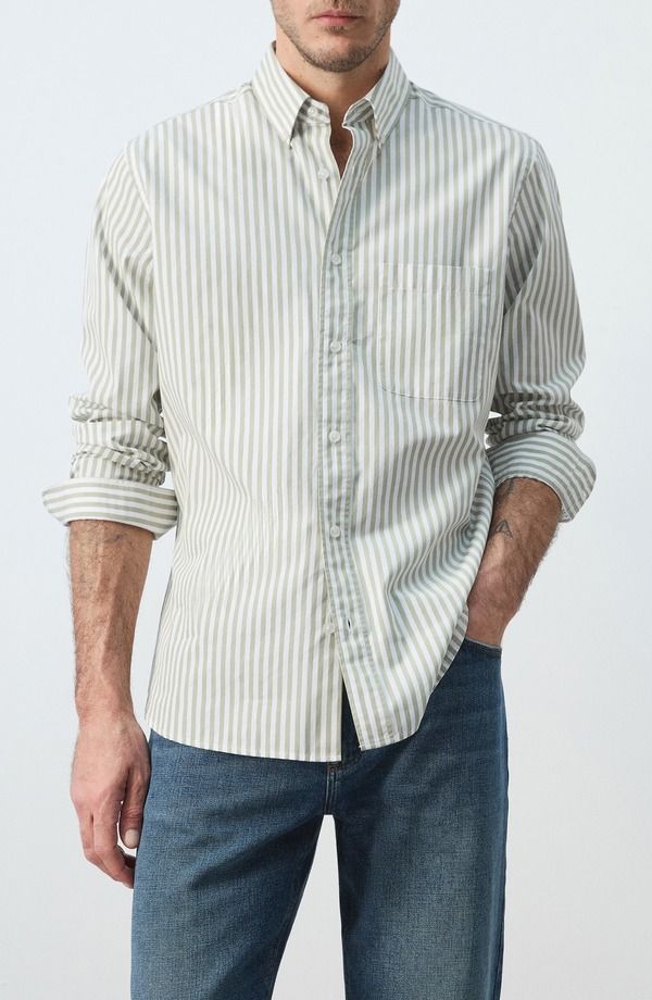 マンゴ メンズ トップス シャツ レギュラーフィット MANGO Regular Fit Stripe ButtonUp Shirt Pastel Green グリーン