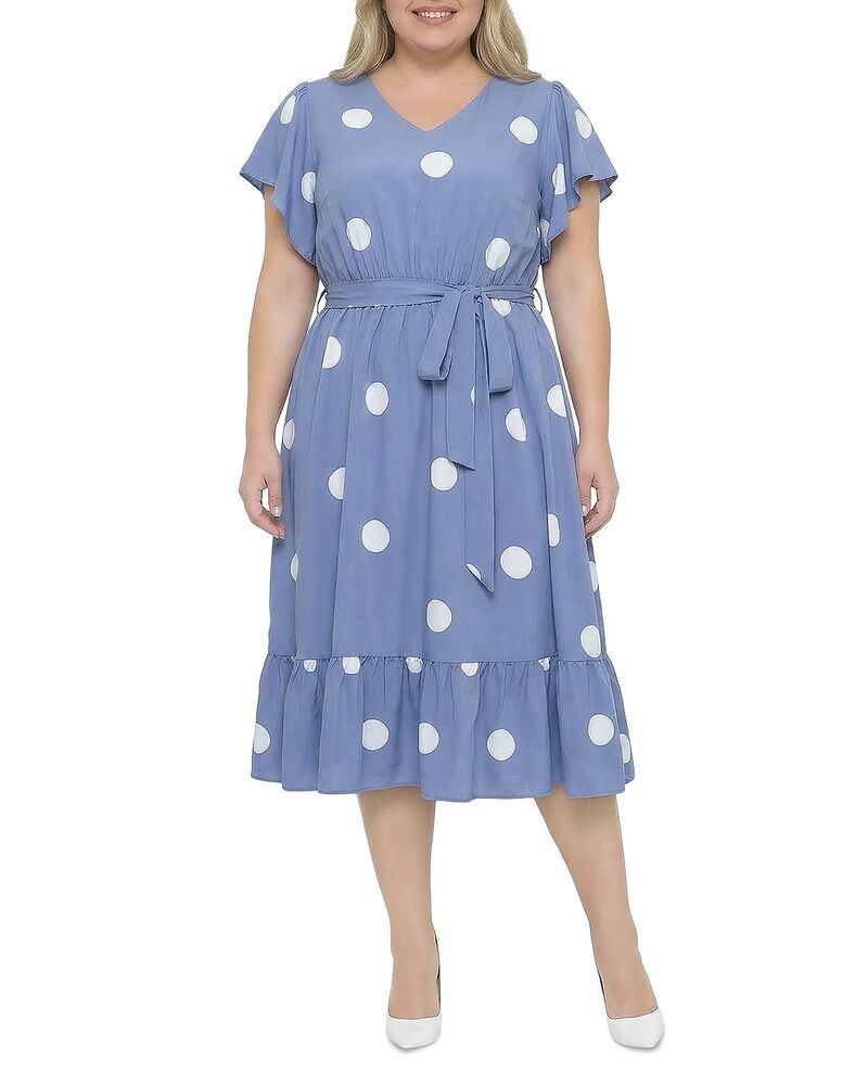 スタンダーズ アンド プラクティス レディース トップス ワンピース フリル裾 ドット柄 ドット プラスサイズ フリル standards practices Plus Polka Dot Belted Flutter Sleeve Ruffle Hem Dr
