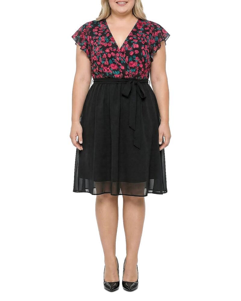 スタンダーズ アンド プラクティス レディース ボトムスカート フラワー柄 プラスサイズ フラワー standards practices Plus Floral Top Solid Skirt Flutter Sleeve Dress Black Flora の商品写真