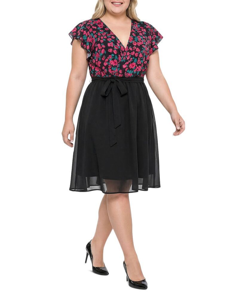 スタンダーズ アンド プラクティス レディース ボトムスカート フラワー柄 プラスサイズ フラワー standards practices Plus Floral Top Solid Skirt Flutter Sleeve Dress Black Flora