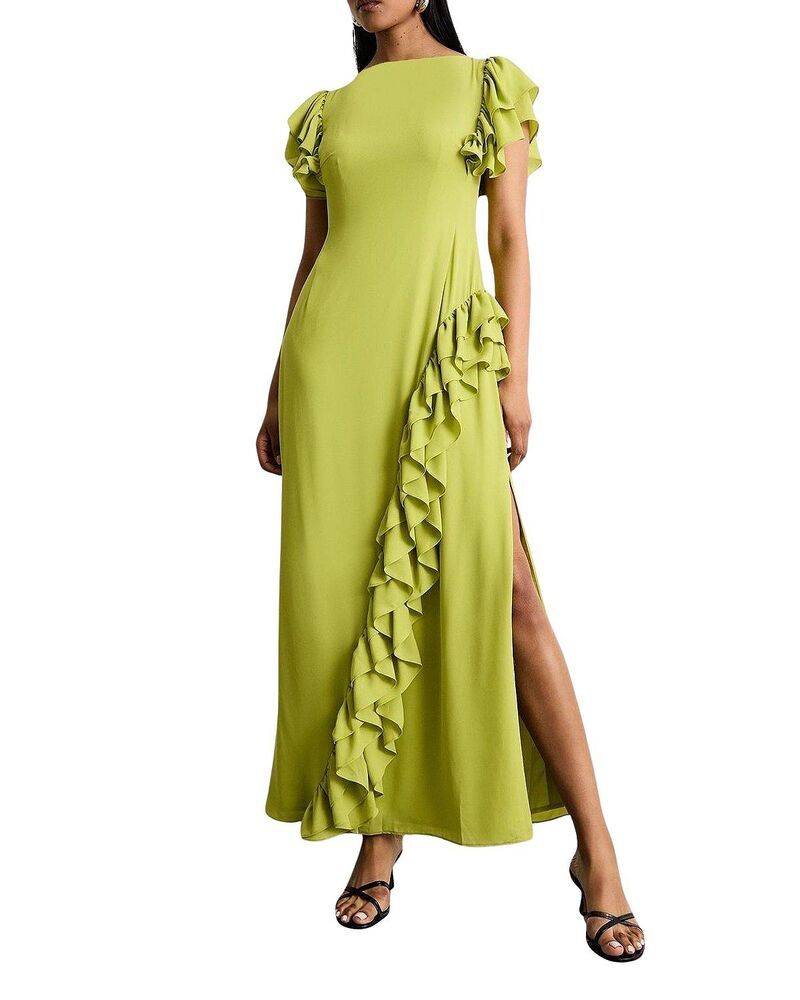 ウエアハウス レディース トップス ワンピース フリル マキシ Warehouse Side Split Ruffle Detail Maxi Dress Lime ライム