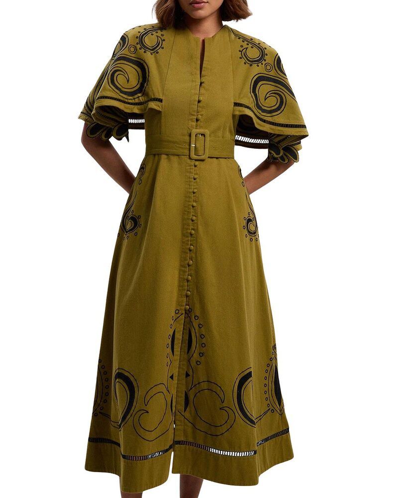 カレンミレン レディース トップス ワンピース ケープデザイン ミディ キャップ ケープ Karen Millen Baroque Cape Sleeve Midi Dress Khaki カーキ