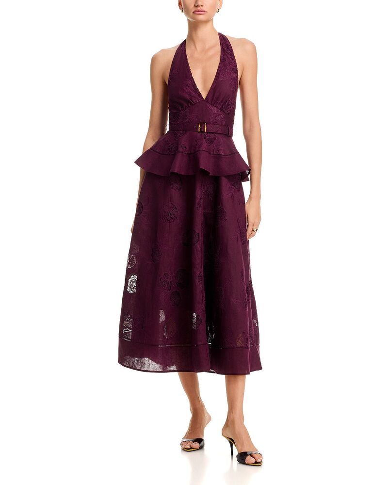 セルフ・ポートレイト レディース トップス ワンピース ミディ リネン SelfPortrait Plum Linen Blend Peplumidi Dress Burgundy バーガンディ