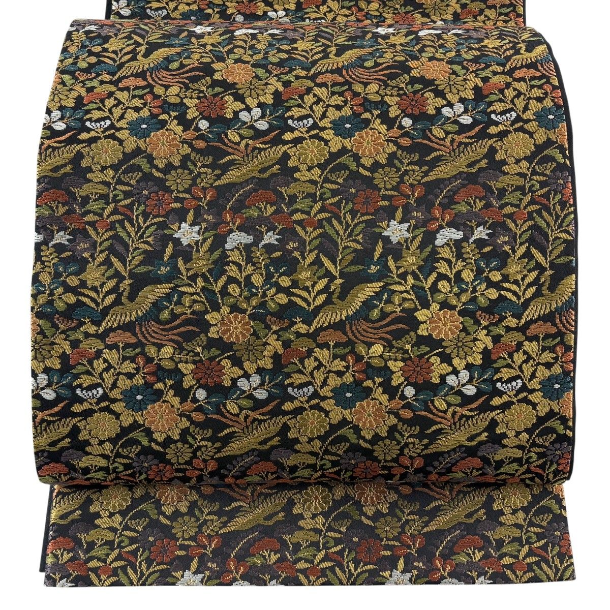 【美品】 袋帯 秀品 草花 尾長鳥 箔 黒 全通 正絹 【中古】
