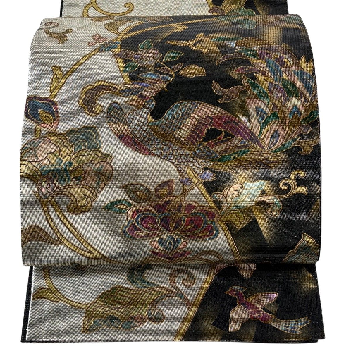 袋帯 秀品 鳳凰 花唐草 螺鈿箔 箔 黒 お太鼓柄 正絹 【中古】