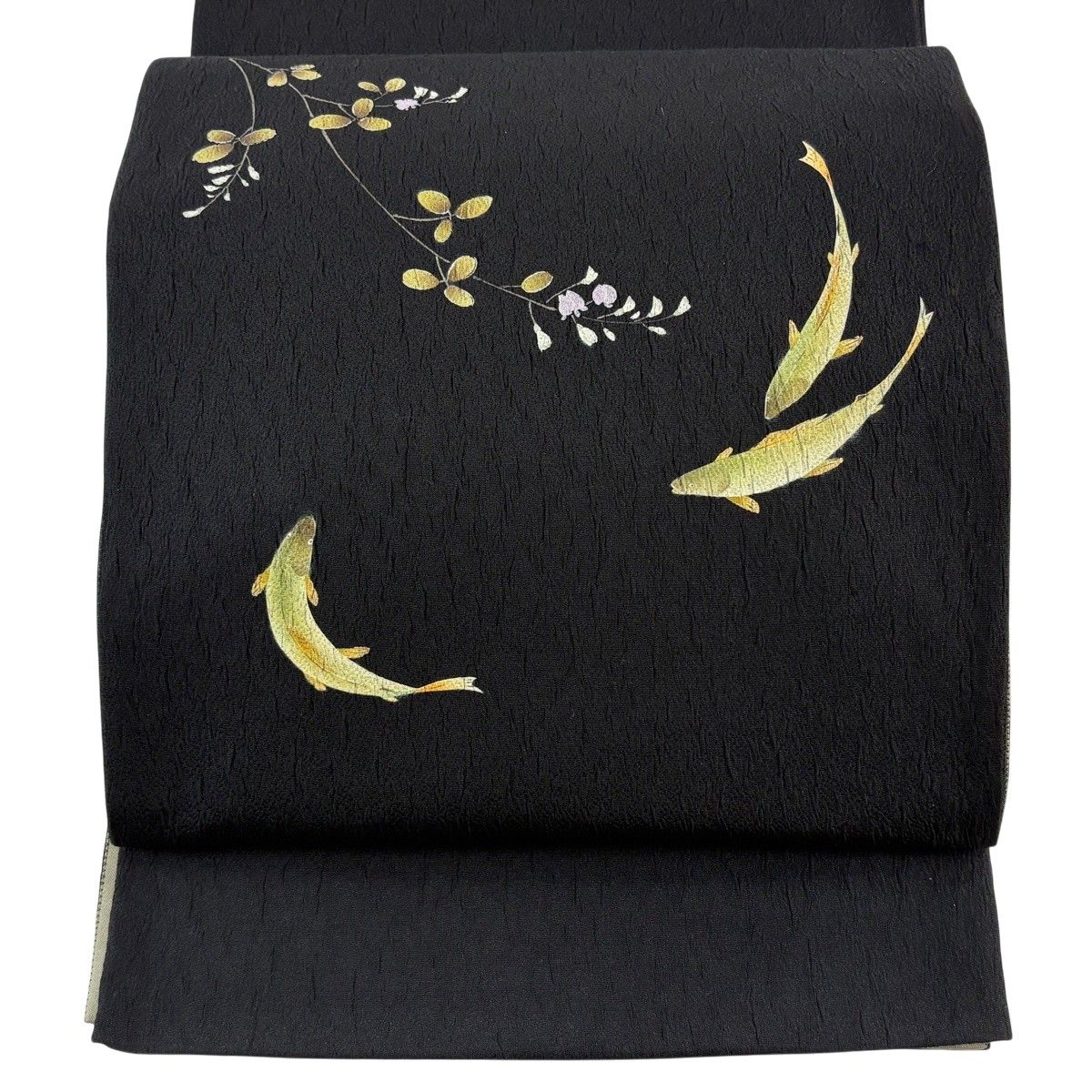 【美品】 袋帯 秀品 魚 萩 金彩 黒 お太鼓柄 正絹 【中古】