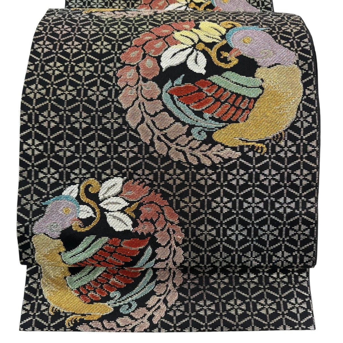 袋帯 秀品 花鳥 亀甲 金銀糸 箔 黒 六通 正絹 【中古】