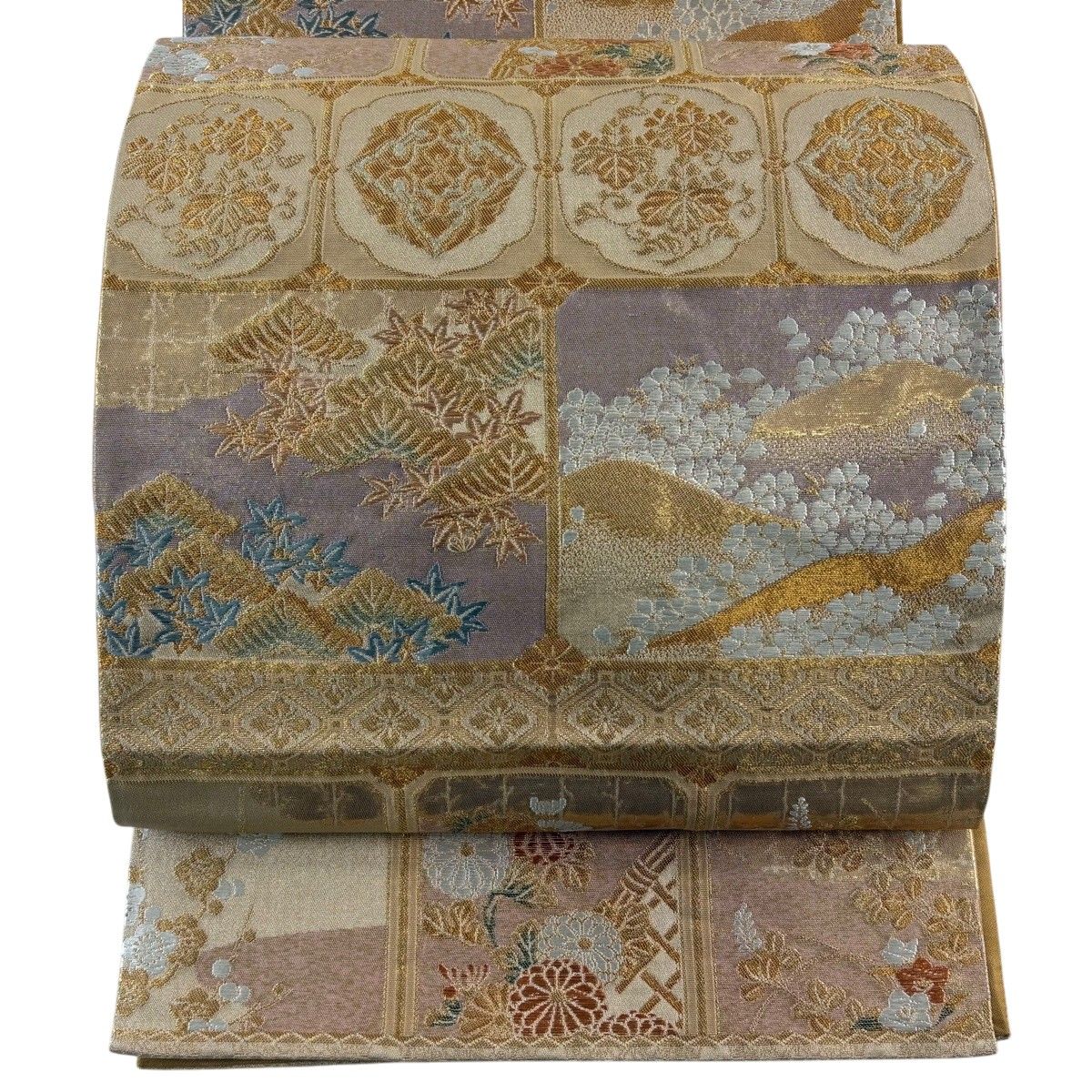 袋帯 秀品 草花 華文 金糸 箔 金色 六通 正絹 【中古】