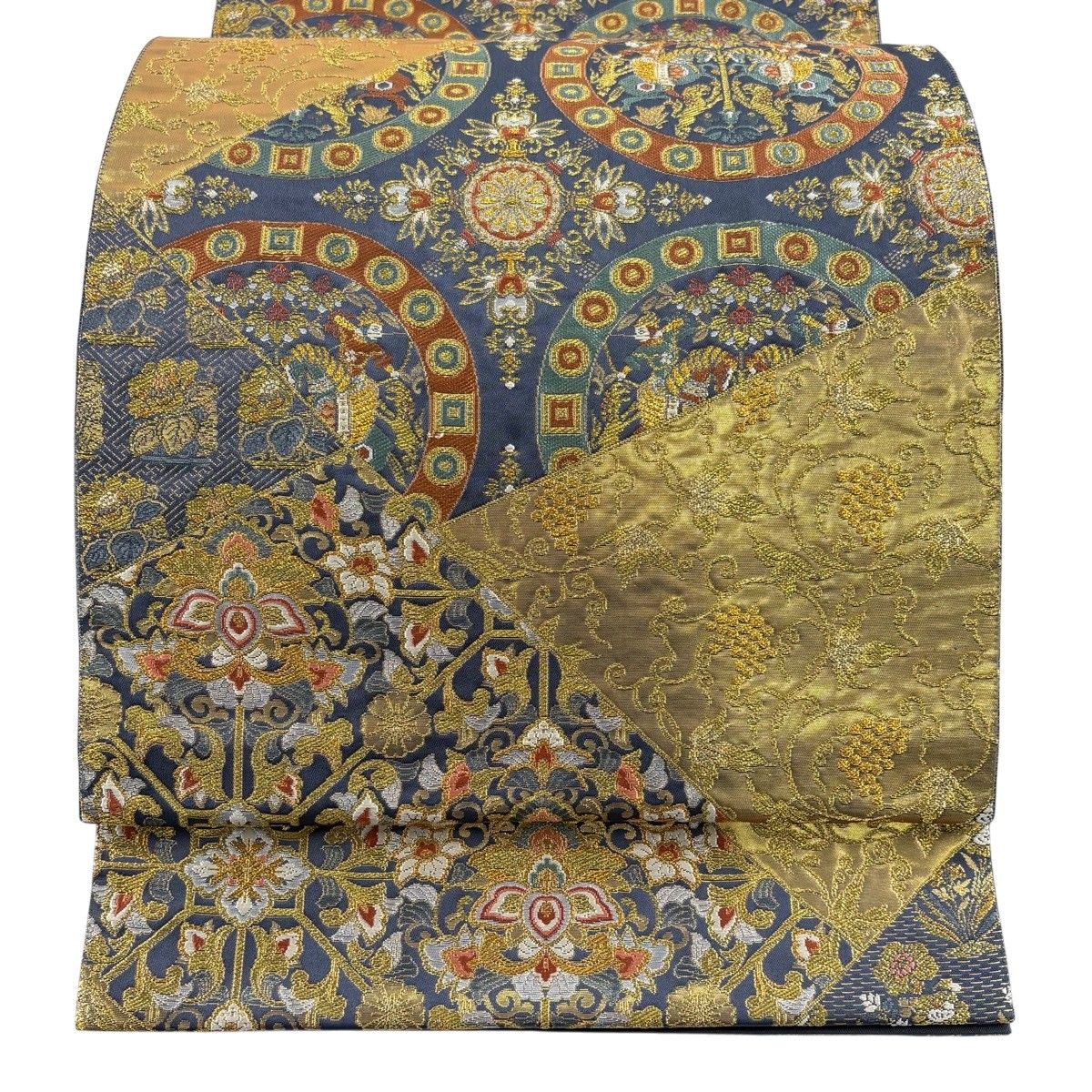 袋帯 秀品 動物 華文 金糸 箔 紺色 六通 正絹 【中古】