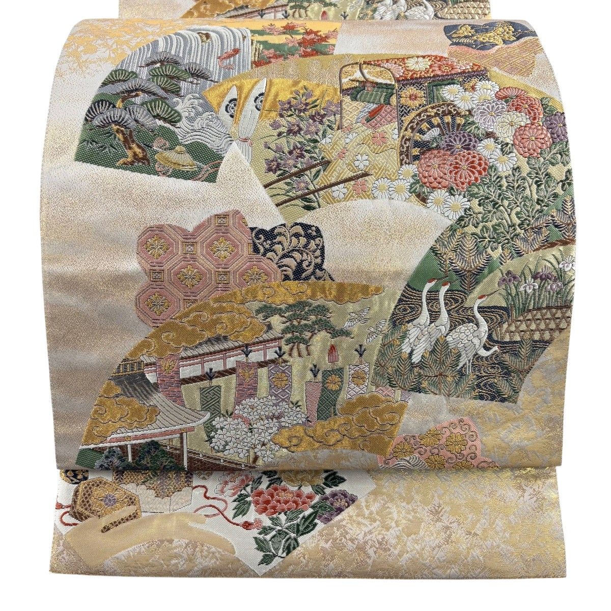 袋帯 秀品 扇面 御所車 箔 金糸 灰茶 六通 正絹 【中古】