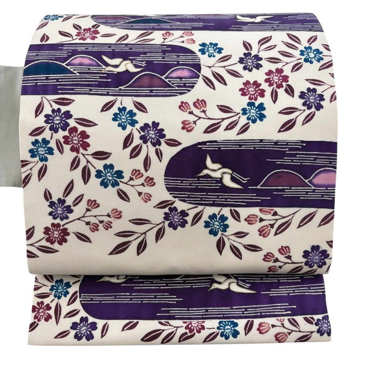 名古屋帯 秀品 鳥 草花 金彩 ぼかし 紫 正絹 【中古】