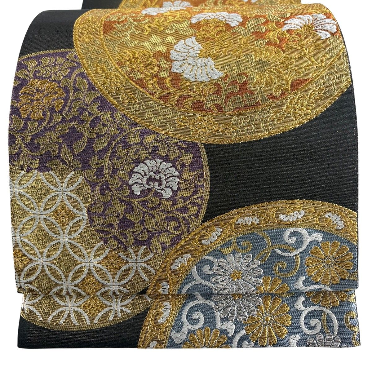 【美品】 袋帯 秀品 草花 七宝 金銀糸 箔 墨色 六通 正絹 【中古】