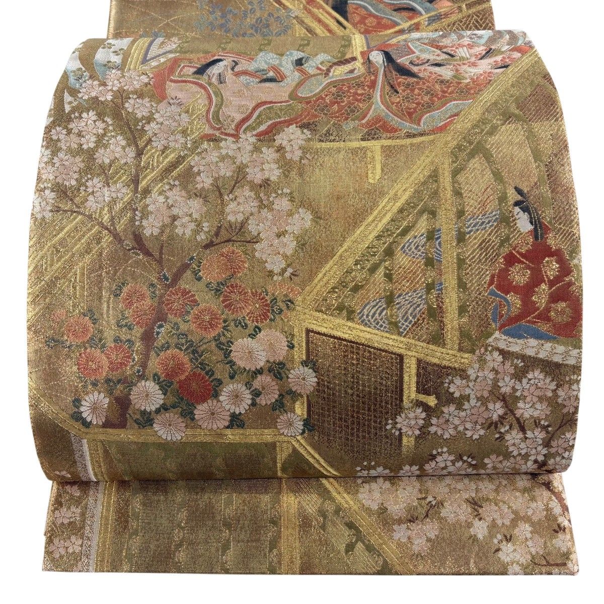 袋帯 秀品 瑞祥宮中慶賀宴 箔 金糸 金色 全通 正絹 【中古】
