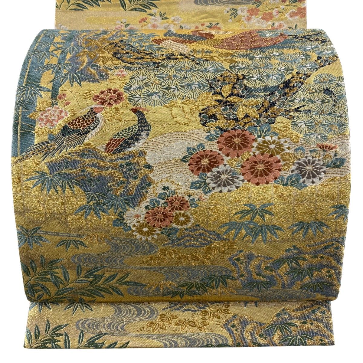 袋帯 秀品 松 花鳥 金糸 箔 金色 六通 正絹 【中古】