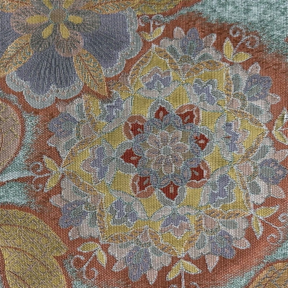 袋帯 秀品 落款 証紙 萬葉 華文 花唐草 薄緑 全通 正絹 【中古】