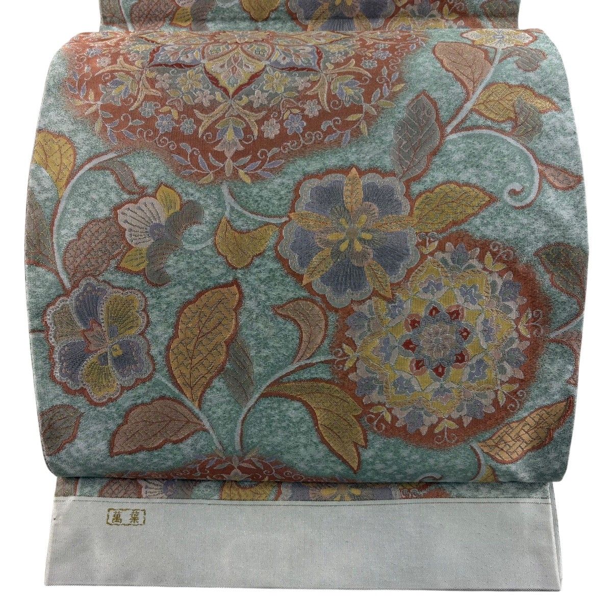 袋帯 秀品 落款 証紙 萬葉 華文 花唐草 薄緑 全通 正絹 【中古】 の商品写真