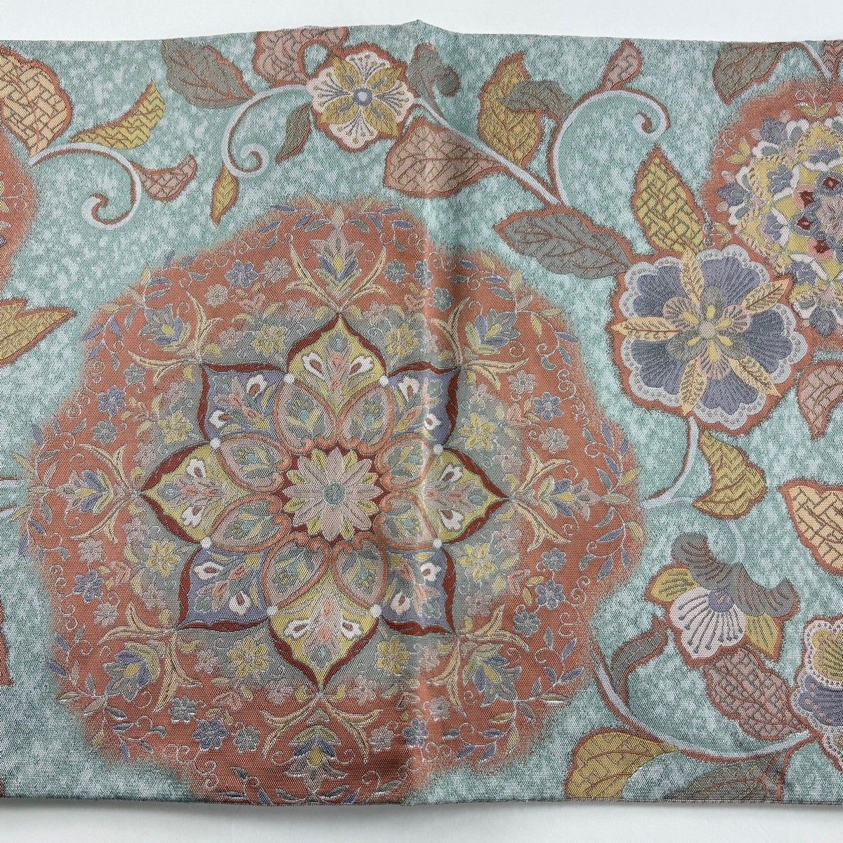 袋帯 秀品 落款 証紙 萬葉 華文 花唐草 薄緑 全通 正絹 【中古】