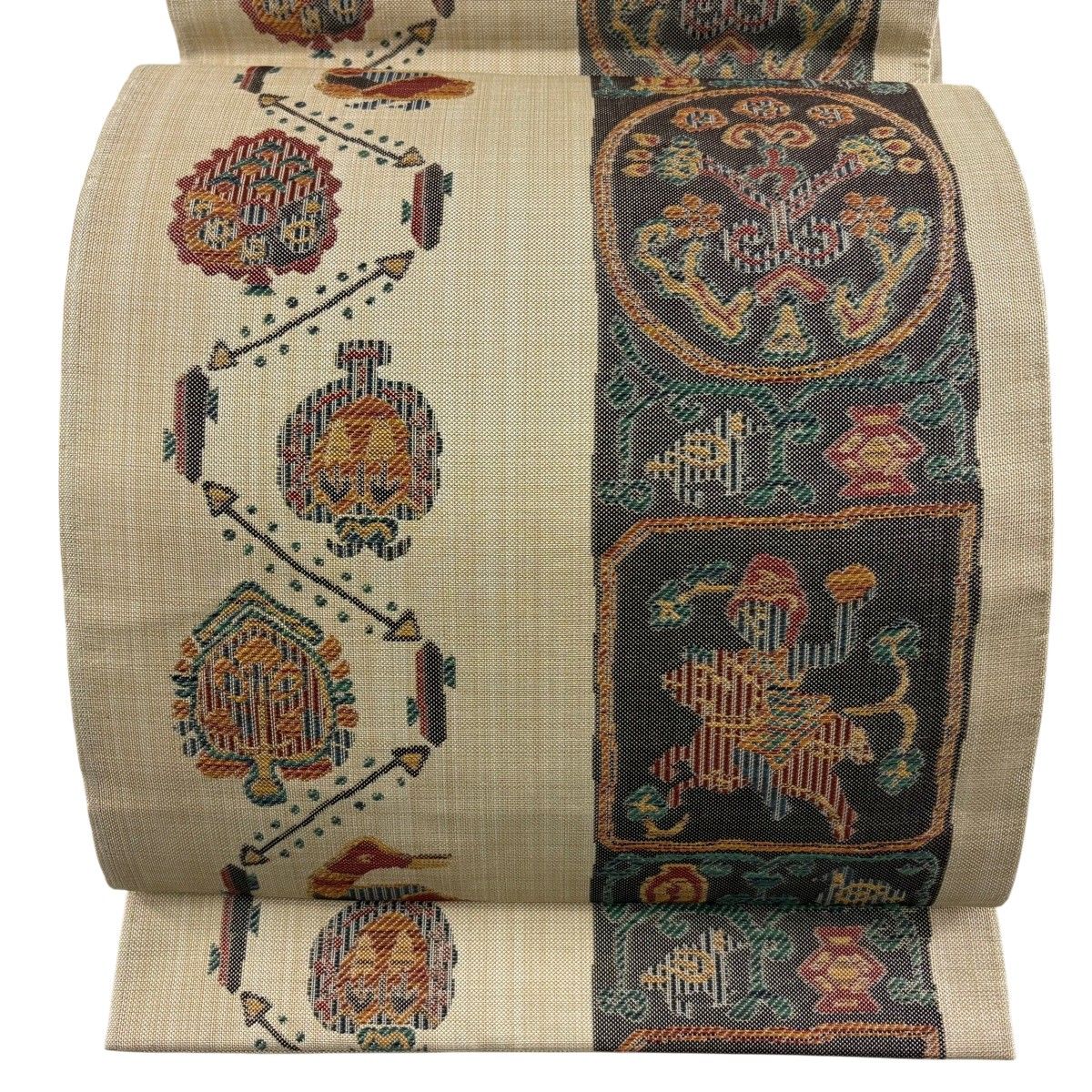 袋帯 秀品 花鳥 樹木 薄茶色 六通 正絹 【中古】
