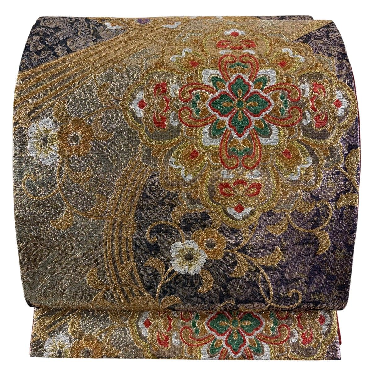 【美品】 袋帯 秀品 振袖向き 華文 波 金銀糸 箔 紫 六通 正絹 【中古】