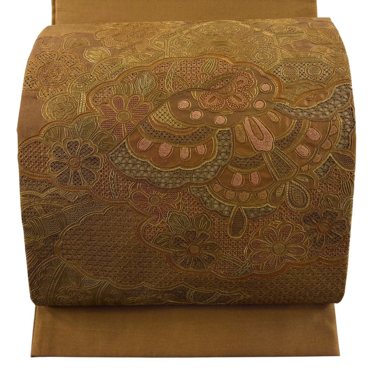 【美品】 袋帯 秀品 紬地 草花 雲文 刺繍 黄土色 お太鼓柄 正絹 【中古】