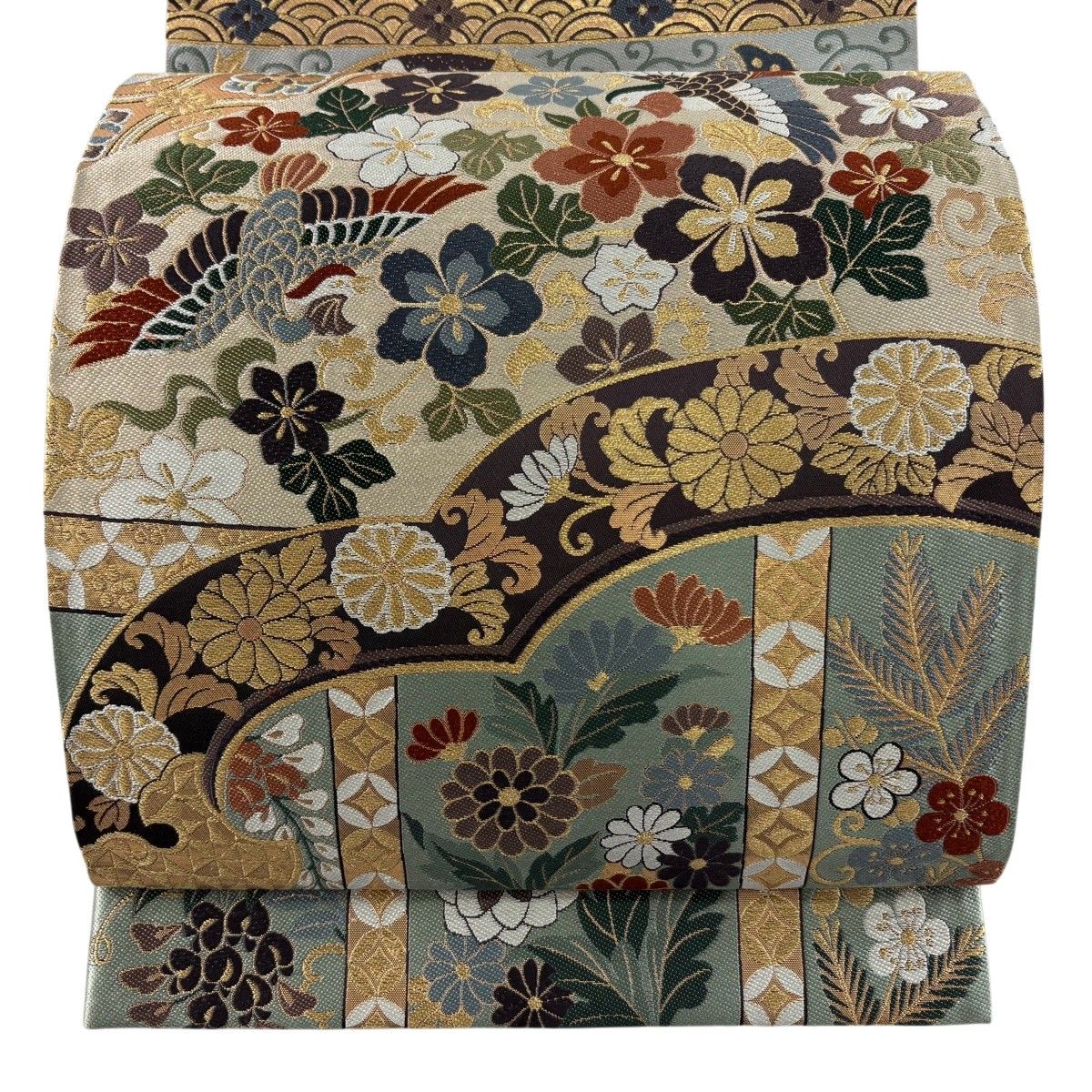 【美品】 袋帯 秀品 誰が袖錦 花鳥 菊唐草 箔 金糸 薄緑 六通 正絹 【中古】