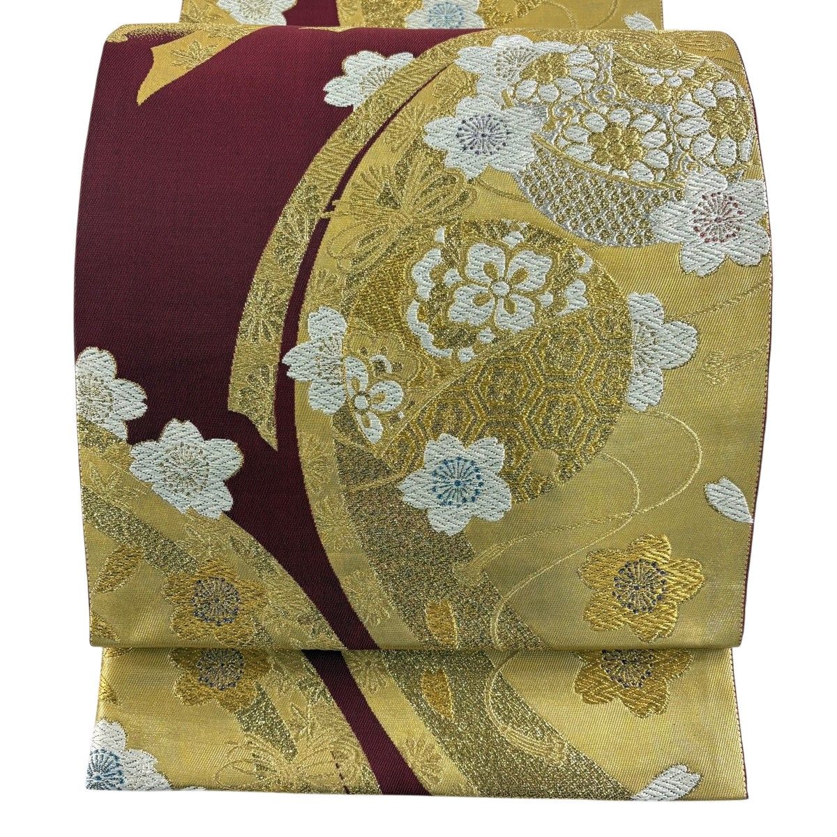 美品 袋帯 秀品 華文 草花 金糸 箔 金茶 六通 正絹｜中古・