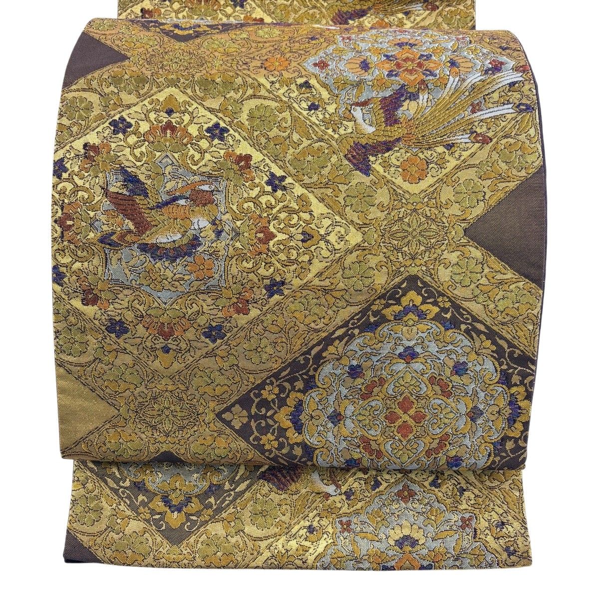 袋帯 秀品 尾長鳥 華文 箔 金糸 茶色 六通 正絹 【中古】