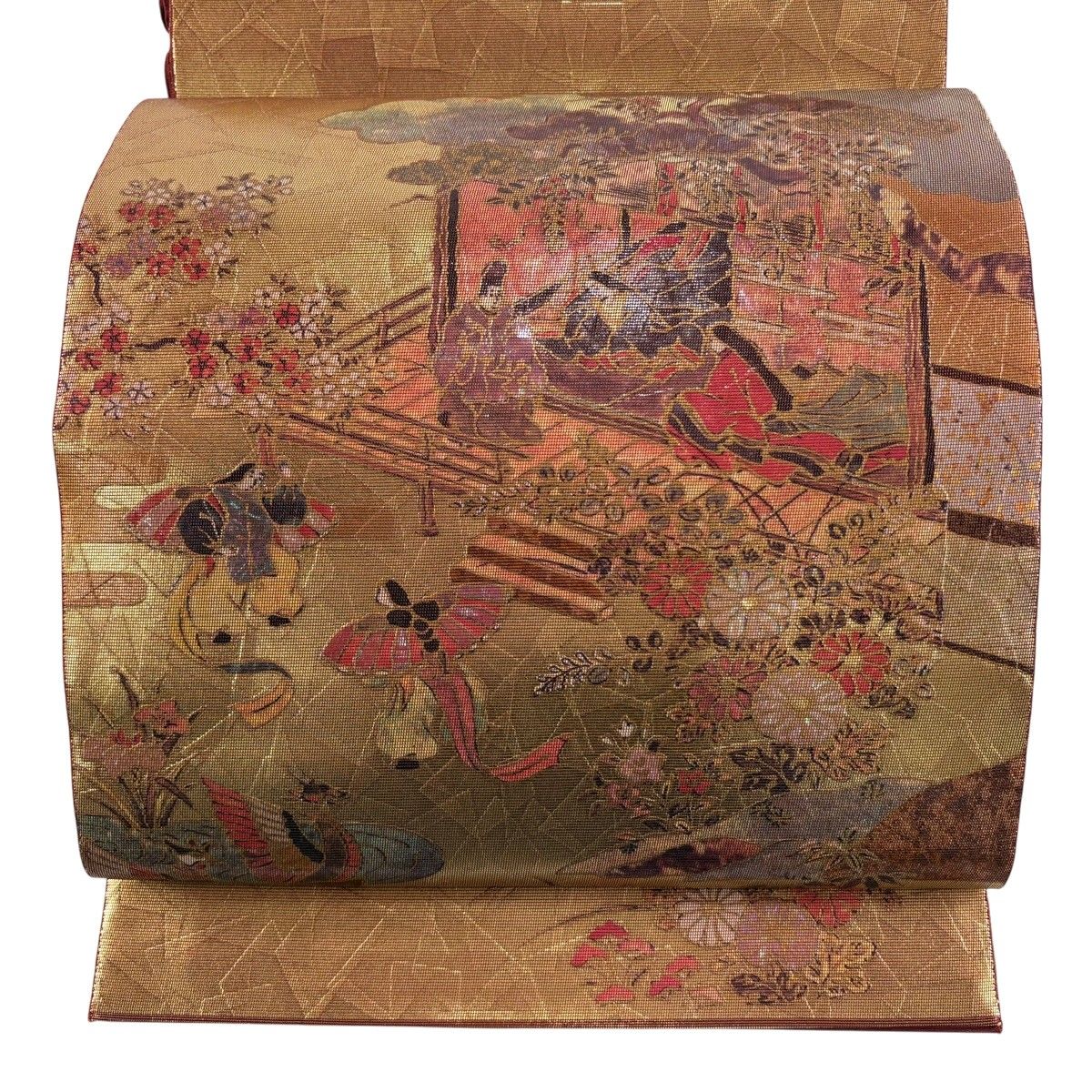 【美品】 袋帯 秀品 落款 人物 草花 箔 螺鈿 金色 お太鼓柄 正絹 【中古】