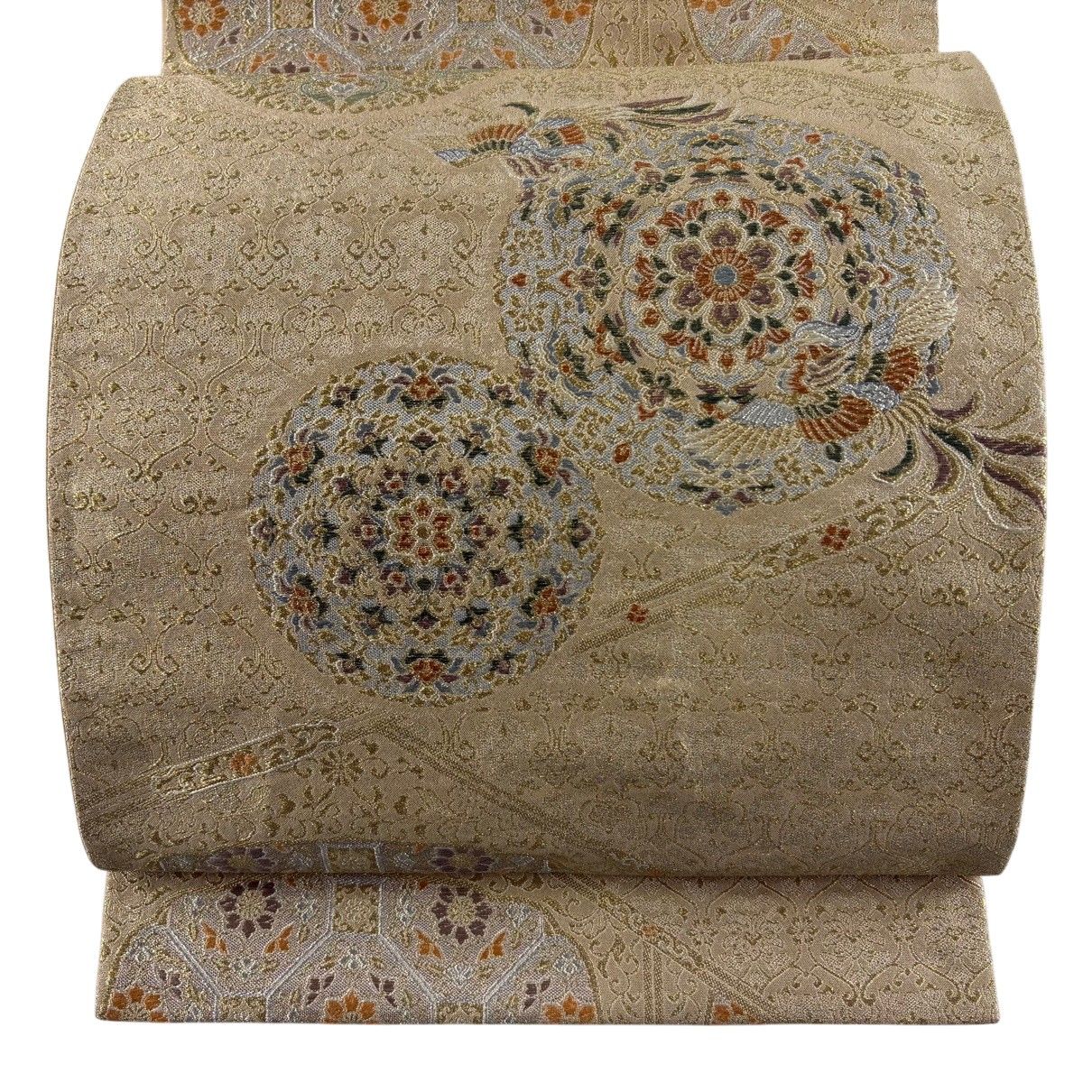 【美品】 袋帯 秀品 華文 鳥 金銀糸 ベージュ 六通 正絹 【中古】