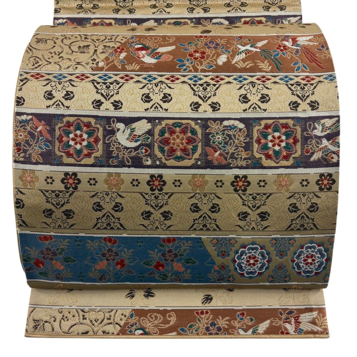 【美品】 袋帯 秀品 華文 花喰い鳥 金糸 箔 薄茶色 六通 正絹 【中古】