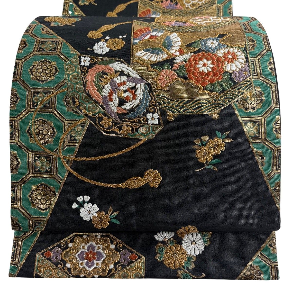 【美品】 袋帯 秀品 貝桶 鳳凰 箔 唐織 黒 六通 正絹 【中古】