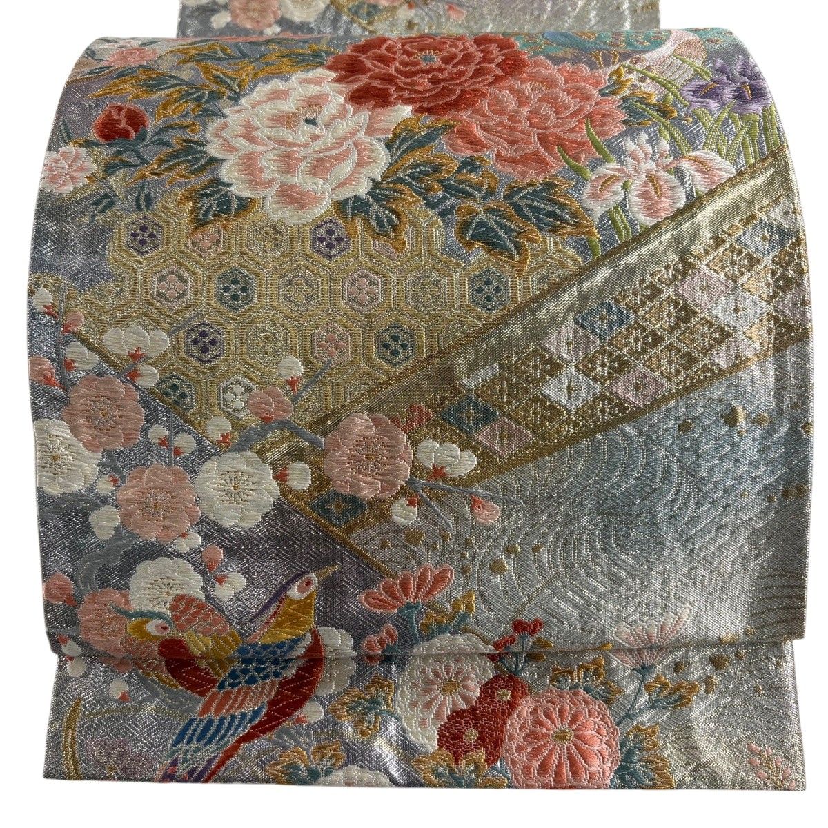 【美品】 袋帯 秀品 牡丹 孔雀 唐織 箔 青灰色 六通 正絹 【中古】
