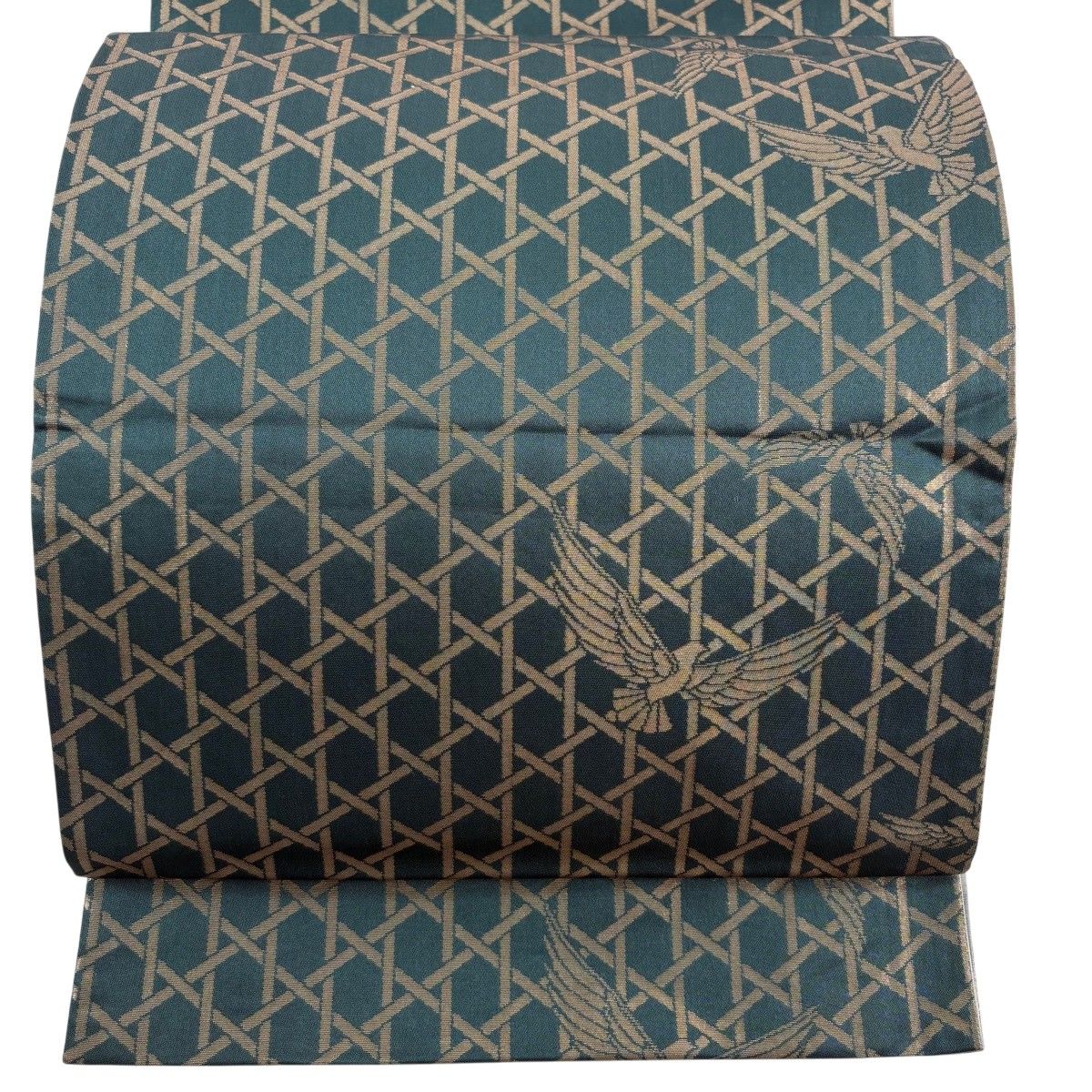 袋帯 秀品 籠目 鳥 箔 緑 全通 正絹 【中古】