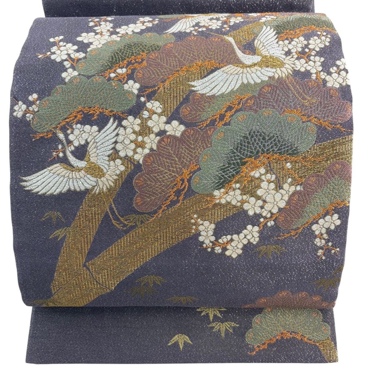 【美品】 袋帯 秀品 松竹梅 鶴 金糸 箔 紫 お太鼓柄 正絹 【中古】