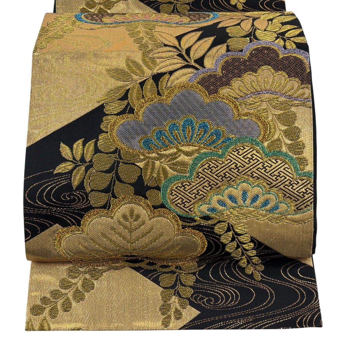 【美品】 袋帯 秀品 振袖向き 笠松 流水 金糸 箔 黒 六通 正絹 【中古】