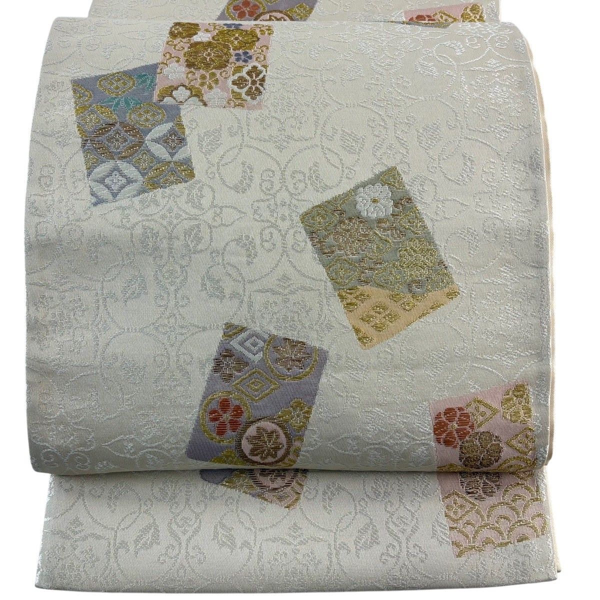 【美品】 袋帯 秀品 色紙 花唐草 金糸 箔 ベージュ 六通 正絹 【中古】