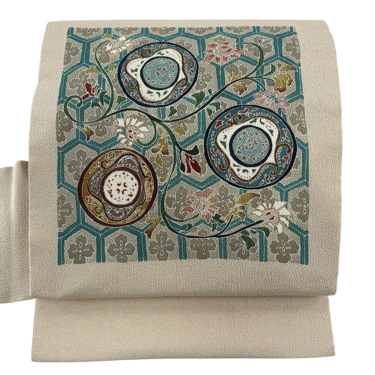 【美品】 名古屋帯 秀品 丸文 花唐草 縮緬 金彩 ベージュ 正絹 【中古】 8,496円