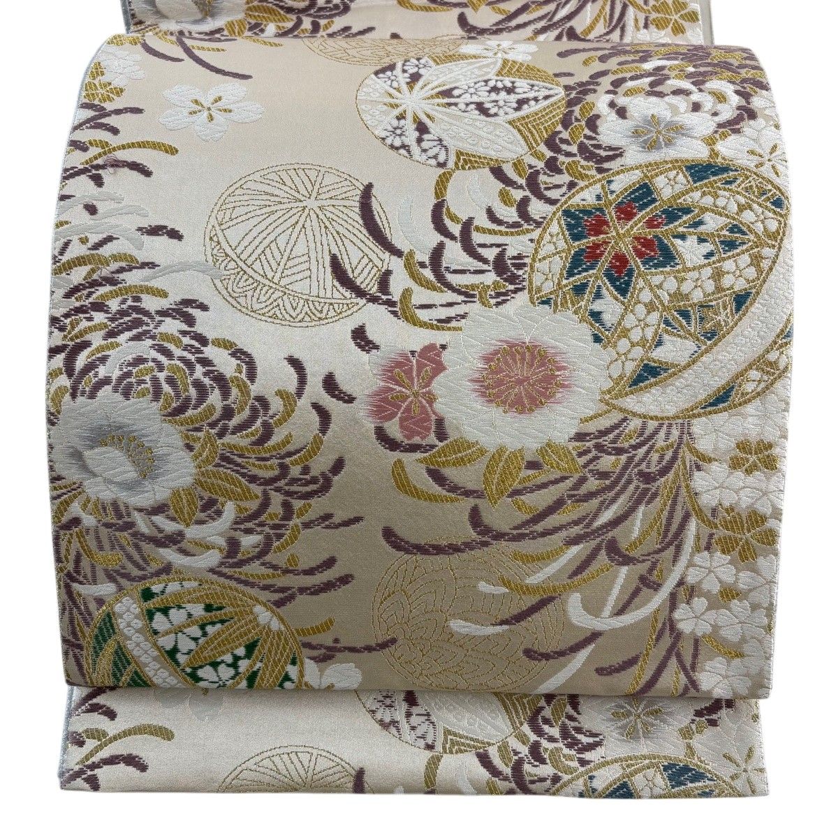 袋帯 秀品 手鞠 桜 金糸 箔 ベージュ 六通 正絹 【中古】