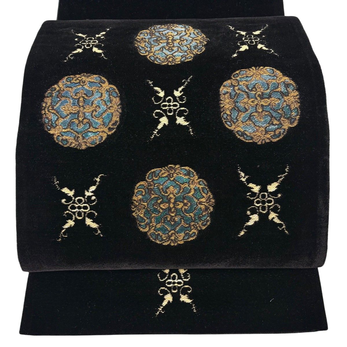 袋帯 逸品 誉田屋源兵衛 落款 ベルベット 螺鈿蒔絵宝相華 金糸 螺鈿箔 黒 六通 正絹 【中古】