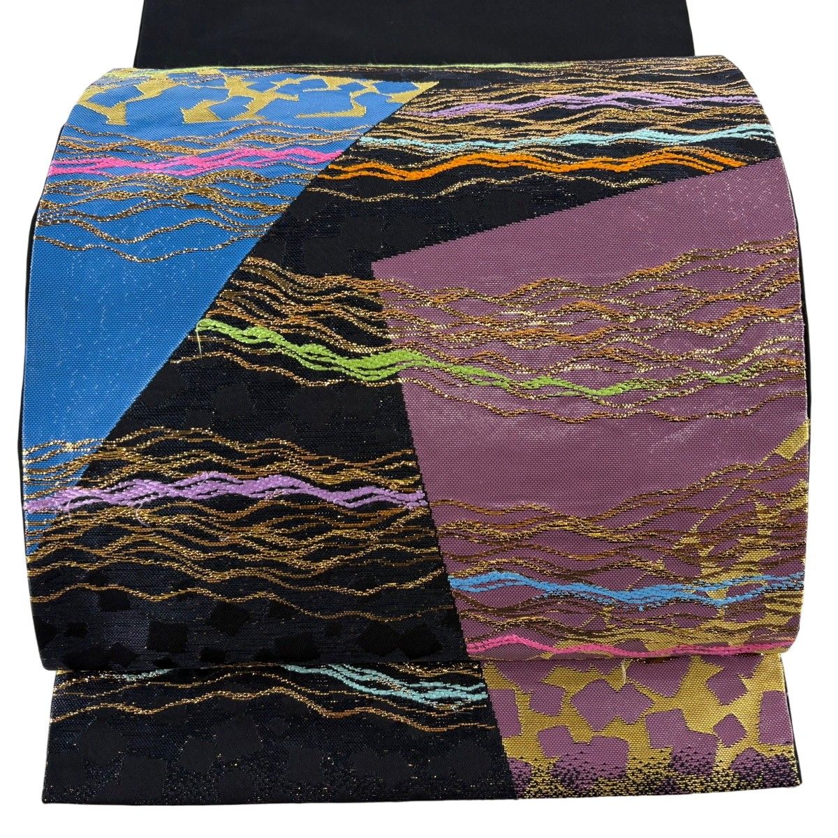 開き名古屋帯 逸品 龍村美術織物 落款 綺羅がすみ 箔 刺繍 濃紺 正絹 【中古】