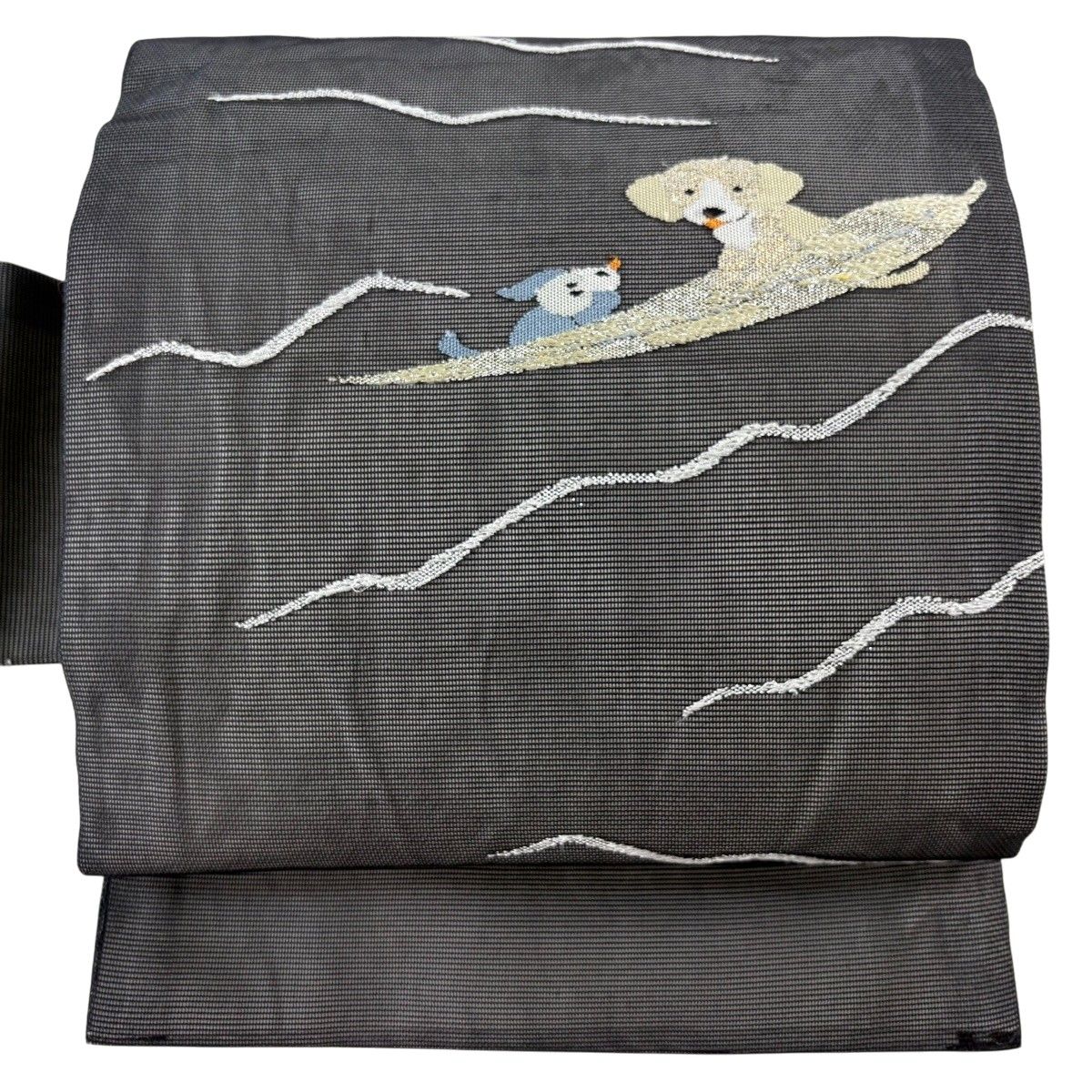 名古屋帯 逸品 夏帯 犬 葉柄 金銀糸 刺繍 黒 正絹 【中古】