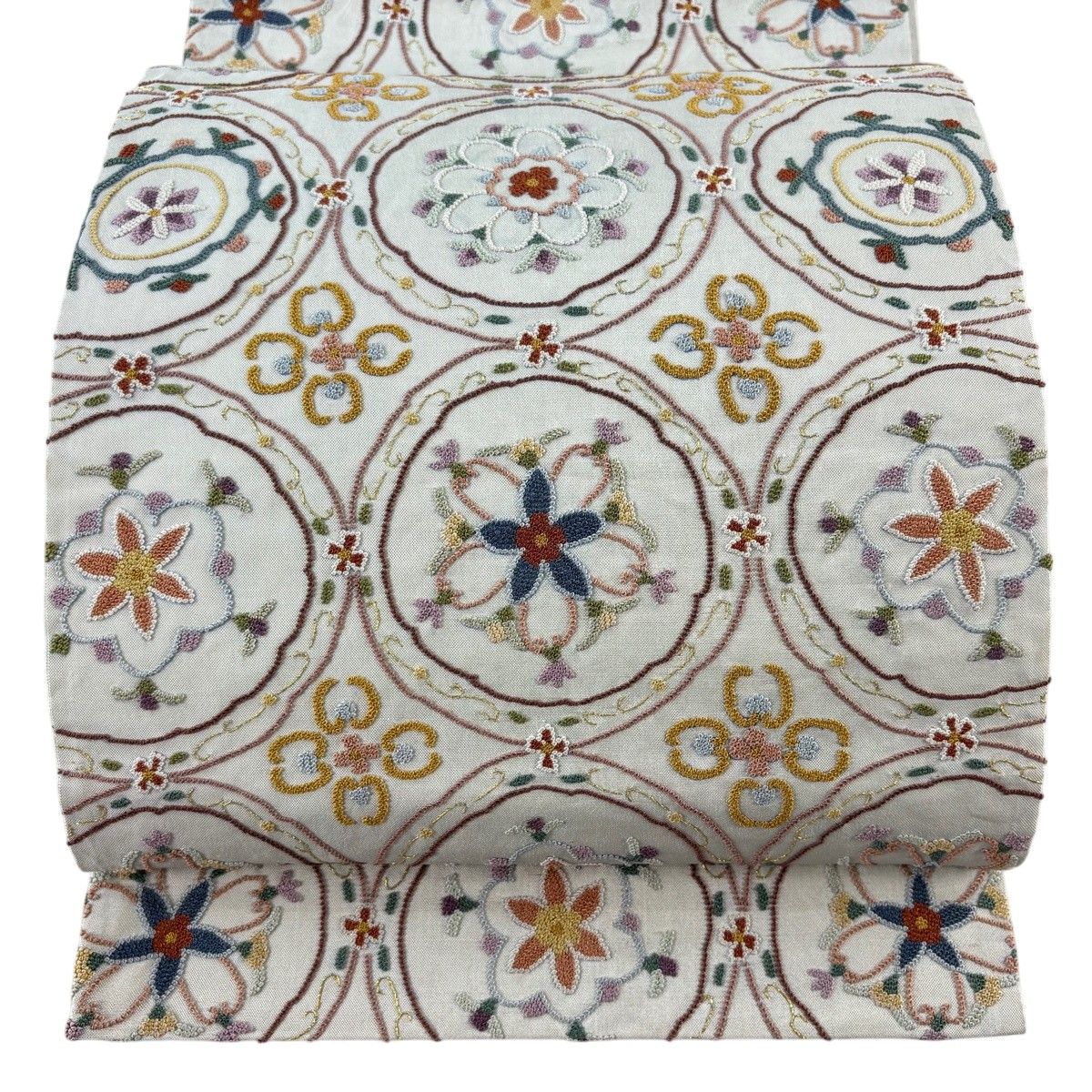袋帯 逸品 草花 金糸 相良刺繍 灰白 六通 正絹 【中古】