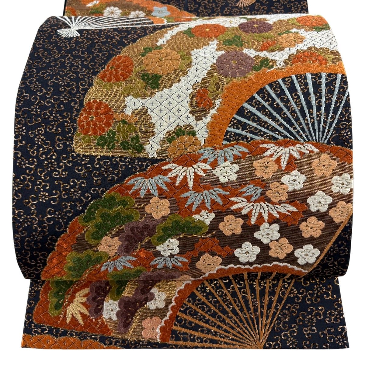 袋帯 逸品 河合美術織物 落款 扇 松竹梅 刺繍 箔 黒 六通 正絹 【中古】