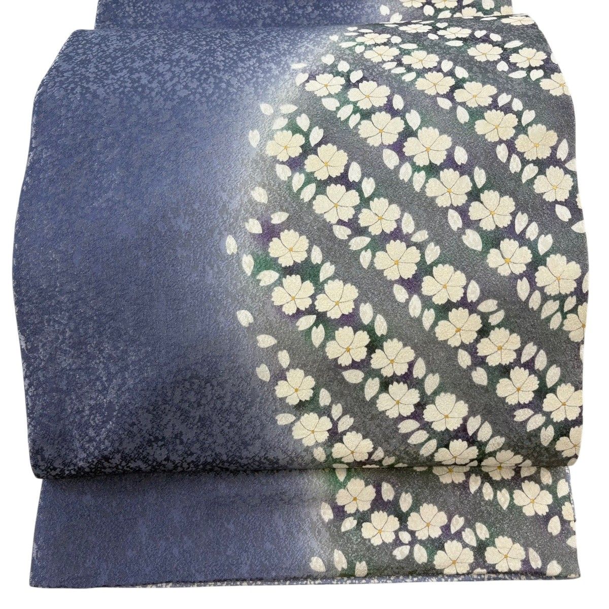 袋帯 逸品 菅有鬼一 落款 花 花びら 銀糸 青紫 六通 正絹 【中古】 19,296円
