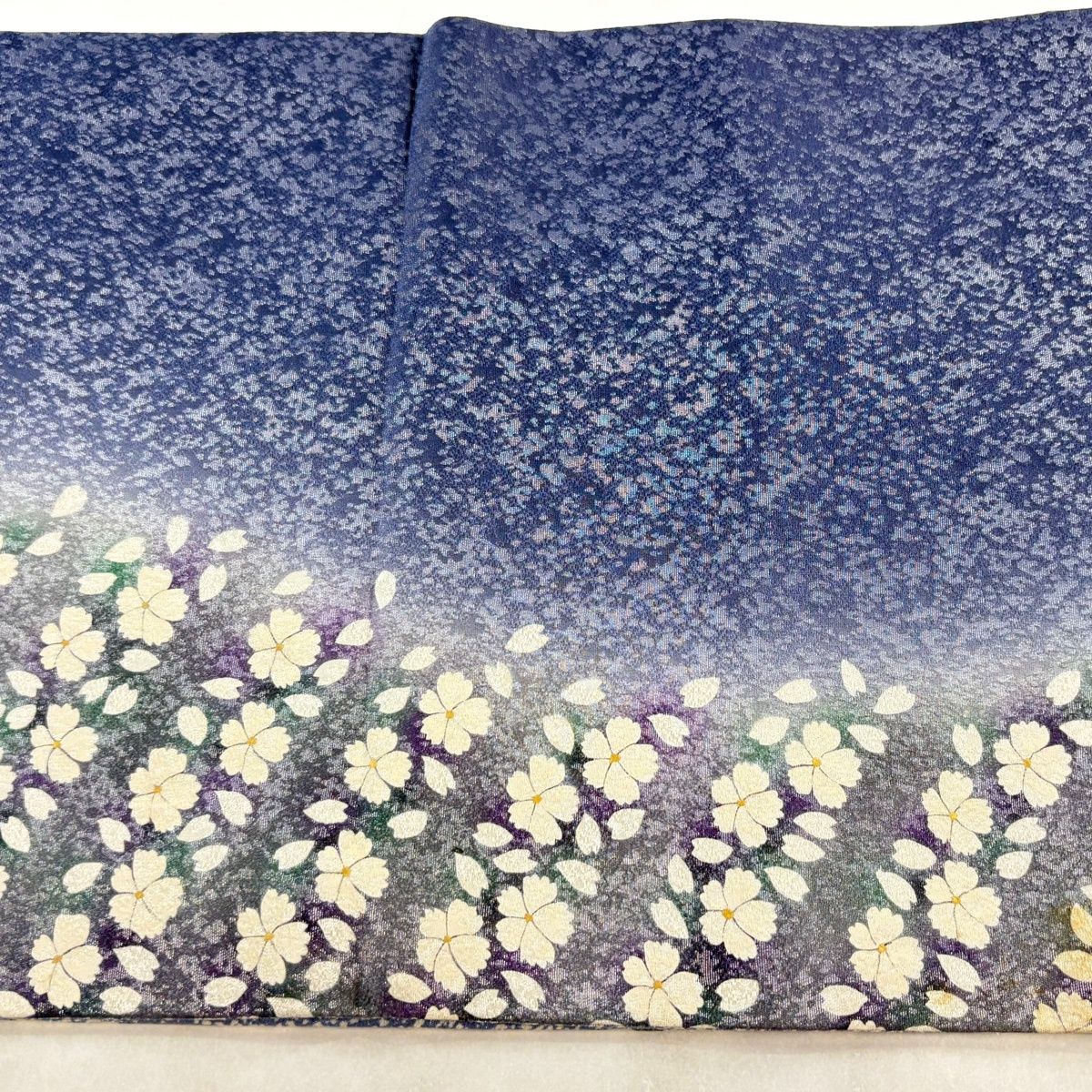 袋帯 逸品 菅有鬼一 落款 花 花びら 銀糸 青紫 六通 正絹 【中古