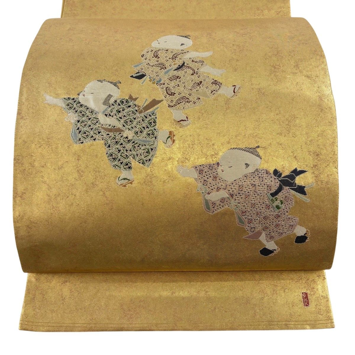 美品】 袋帯 逸品 由水十久監修 落款 関西仕立て 童 箔 金色 お太鼓柄