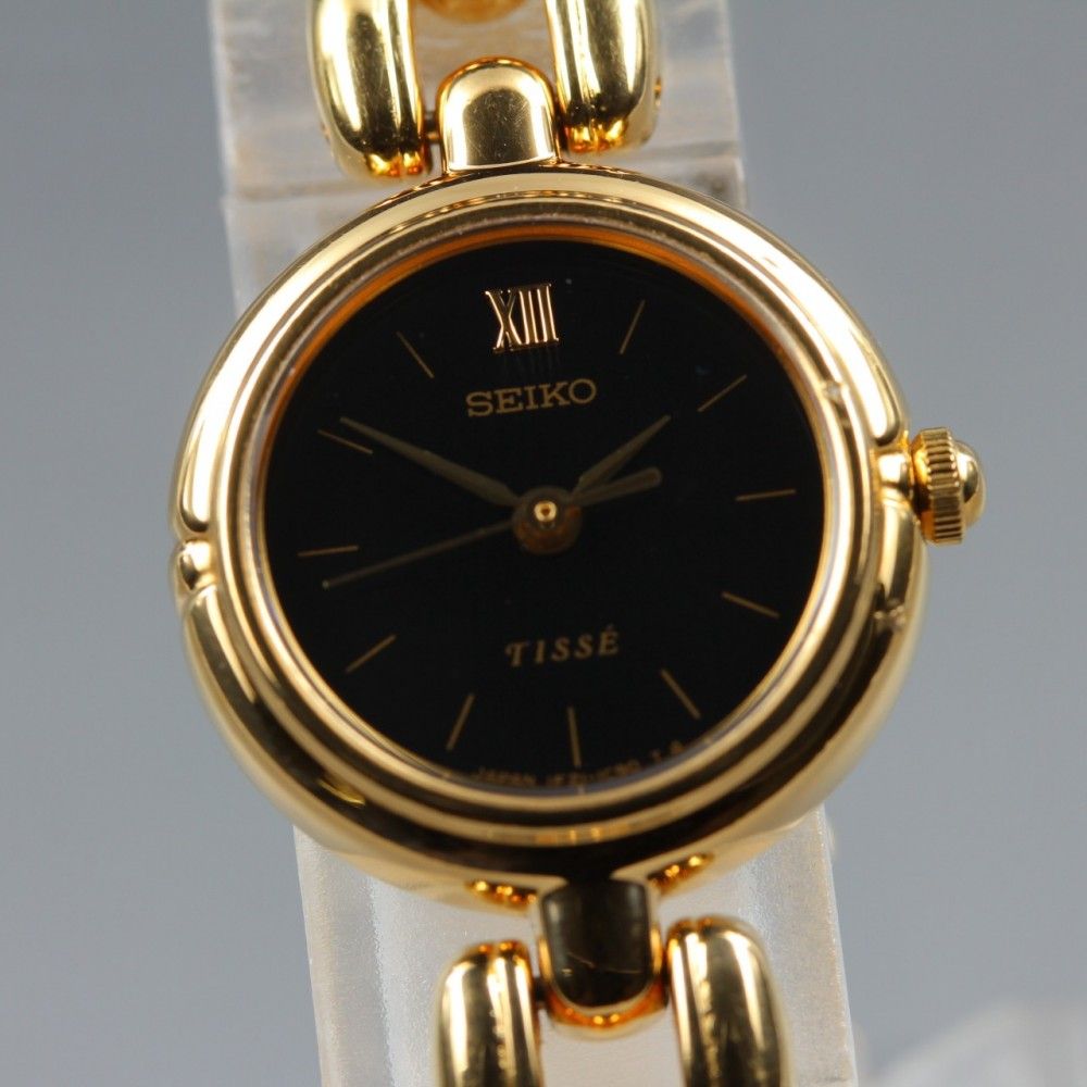 【稼働品】SEIKO ティセ 1F21-0J40 ブラック ゴールド ブレスレット クオーツ レディース (1993年製) #17209